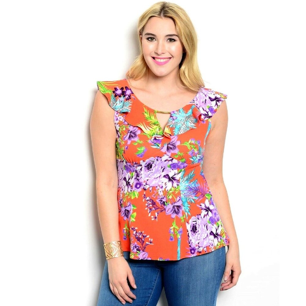 Viva You Ladies Empire-Waist Top Floral Ruffled-Neck Coral Combo Size 2XL  NWOT